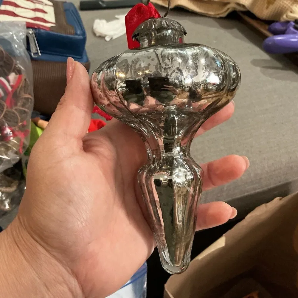 Vintage Heavy Mercury Glass Silver Christmas Tree Ornament Finial Ribbed 6in